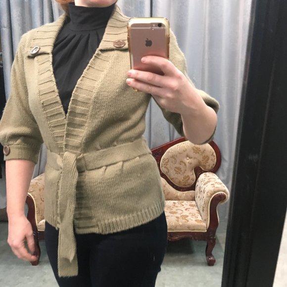 1/2 Bell Sleeved Belted Knit Sweater Cardigan - Picture 3 of 13
